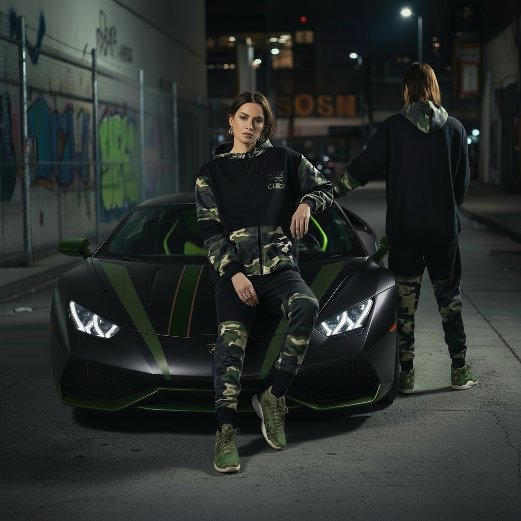 •CHIEFIN’ ADI-FEATHER• (GREEN CAMOUFLAGE) LUX HOODED ZIP UP TRACKSUITS (CUT & SEW)