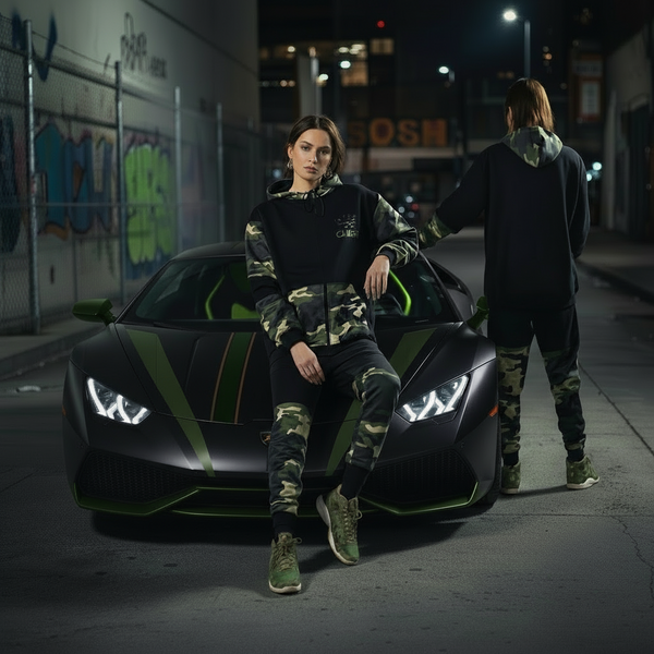 •CHIEFIN’ ADI-FEATHER• (GREEN CAMOUFLAGE) LUX HOODED ZIP UP TRACKSUITS (CUT & SEW)