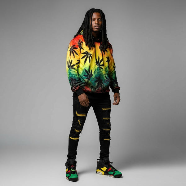 *RAINBOW- BLACK POT LEAF* CUSTOM ALL-OVER PRINT PULLOVER HOODIES