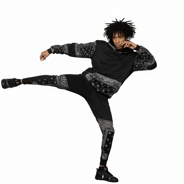 •OUTFIT KINGS• LUXURY BLACK BANDANA JOGGER SWEATSUITS (CUT & SEW COLLECTION)