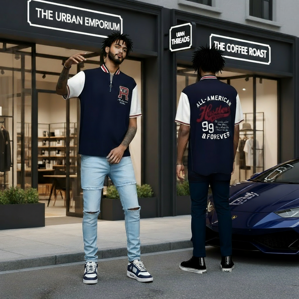 •ROCAWEAR• (NAVY-MULTI) GOLF SHIRT FOR MEN (FRONT 1/4 ZIP) (Vintage NOS)