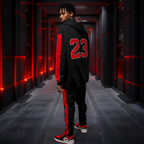 •CHICAGO 23• (BLACK-RED) CUT & SEW HOODED SWEATSUITS (PATCH WORK & EMBROIDERY)