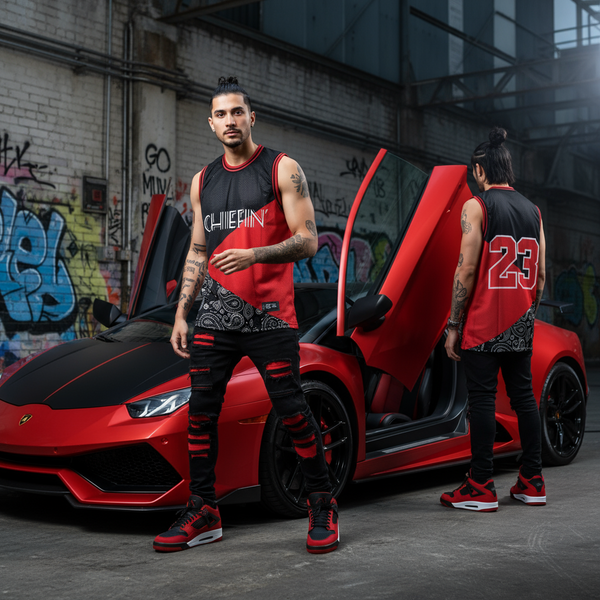 •CHIEFIN’ 23• (RED/BLACK/PAISLEY) MESH BASKETBALL JERSEYS (TALL BODY) (3-TONE)
