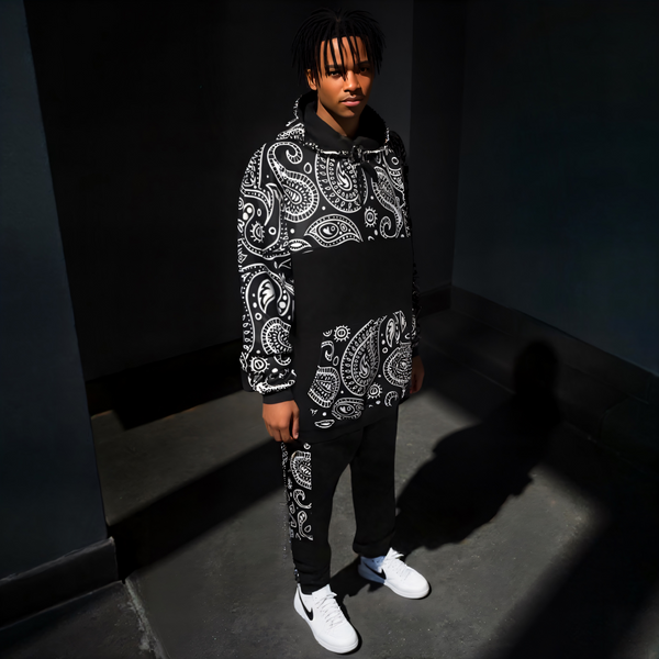 •OUTFIT KINGS• LUXURY BLACK BANDANA JOGGER SWEATSUITS (CUT & SEW COLLECTION)