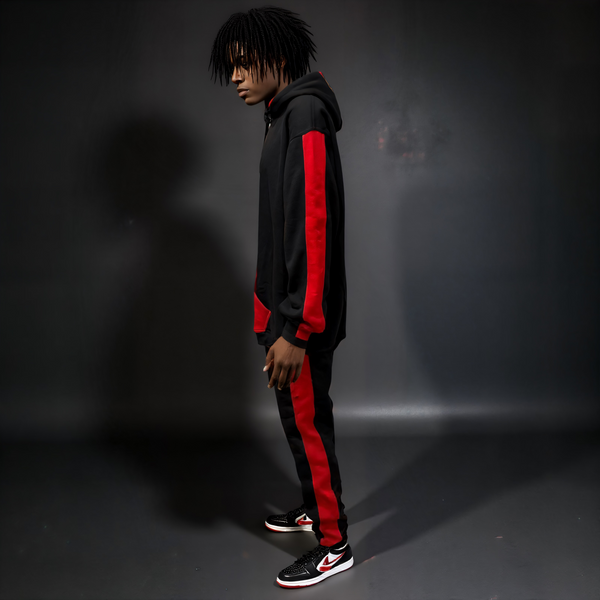 •CHICAGO 23• (BLACK-RED) CUT & SEW HOODED SWEATSUITS (PATCH WORK & EMBROIDERY)