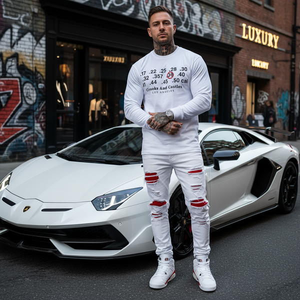 *CROOKS & CASTLES* (WHITE) *38 CALIBER* LONG SLEEVE TEES FOR MEN