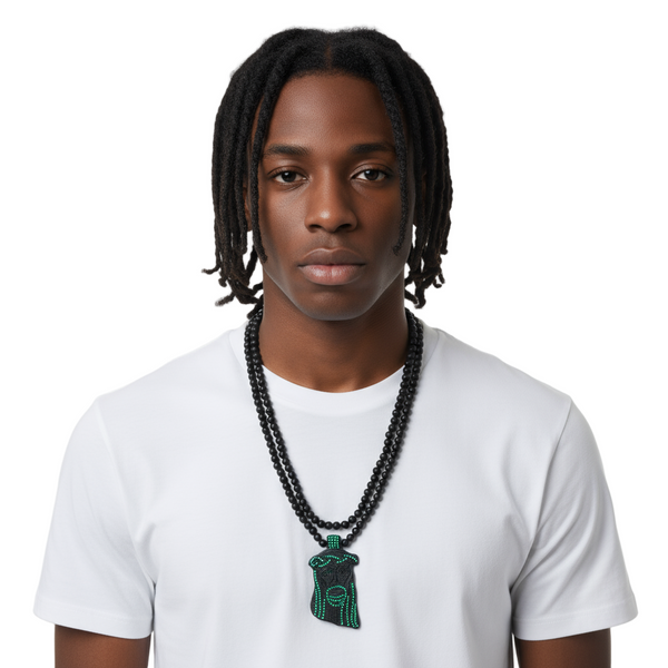 *<WOOD BEADED NECKLACE & PENDANT SETS>* *JESUS* (BLACK-GREEN)