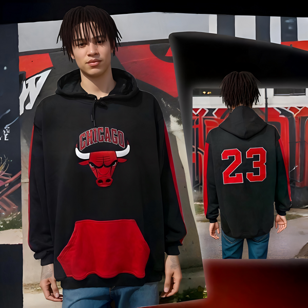 ^CHICAGO 23^ (BLACK-RED) PULLOVER HOODIES (EMBROIDERED)