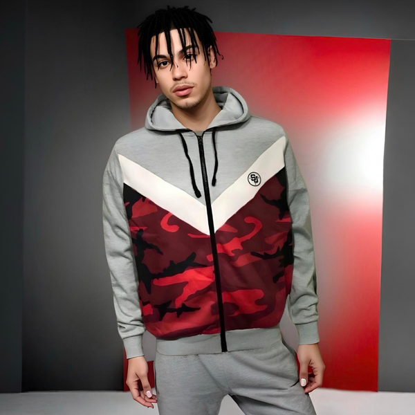 ^SEAN JOHN^ (RED-CAMO-GREY) POLYESTER HOODED ZIP UP TRACK JACKETS
