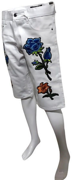 ^MAXI MILIAN^ (WHITE) ~FLORAL~ DENIM SHORTS (SLIM FIT) (EMBROIDERED)