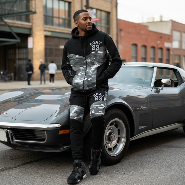 •23 GOAT• (GREY-CAMO) LUXURY HOODED ZIP UP SWEATSUITS