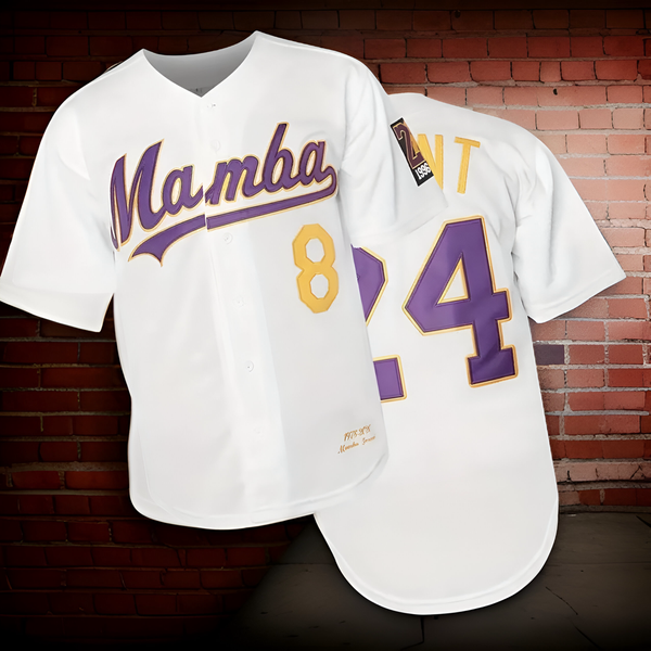 ^MAMBA 8/24 BRYANT* Button Up Baseball Jerseys (Stitched Logos & Numbers)