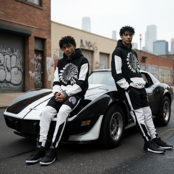 ^CHIEFIN’^ (BLACK-WHITE) HOODED JOGGER SWEATSUITS (CUT & SEW)