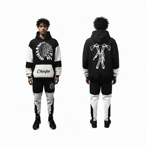 *CHIEFIN’^* (BLACK-WHITE) HOODED JOGGER SWEATSUITS (CUT & SEW)