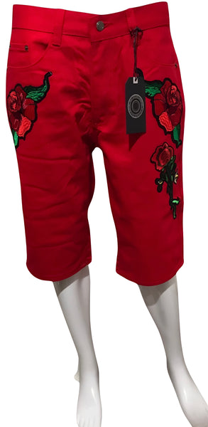 ^MAXI MILIAN^ (RED) ~ROSES~ DENIM SHORTS (SLIM FIT) (EMBROIDERED)