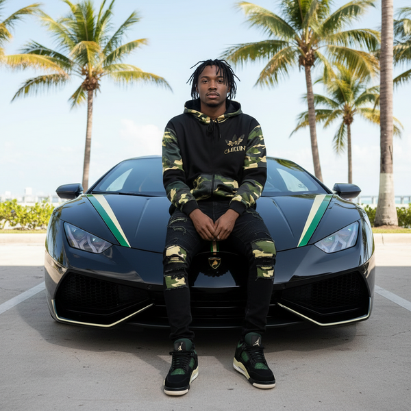 *CHIEFIN’ ADI-FEATHER* (GREEN CAMOUFLAGE) LUX ZIP UP HOODIES (CUT & SEW)