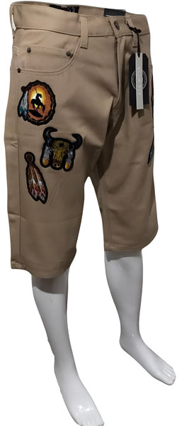 ^MAXI MILIAN^ (LIGHT BROWN) ~NATIVE AMERICAN~ DENIM SHORTS (SLIM FIT) (EMBROIDERED)