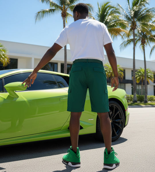 *BROOKLYN XPRESS* (GREEN) •BELTED CARGO SHORTS FOR MEN•