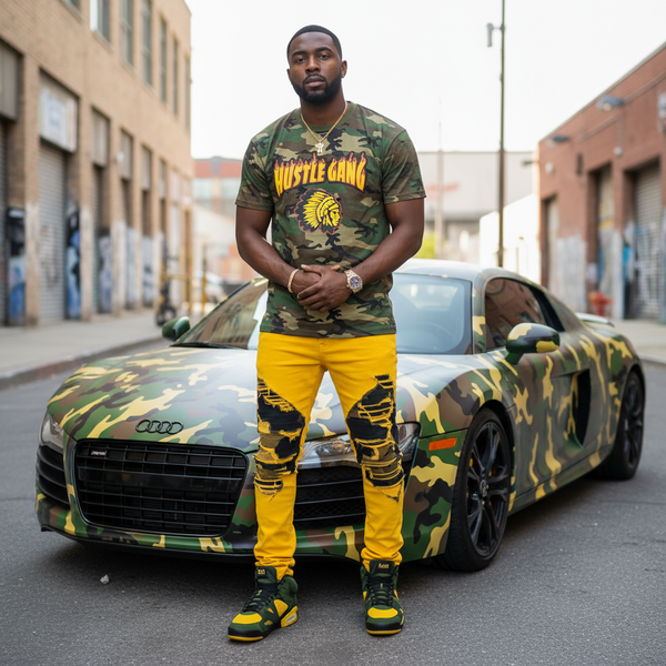 ^HUSTLE GANG^ (CAMOUFLAGE) ~THRASHER FLAMES~ SHORT SLEEVE T-SHIRT