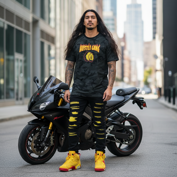 *HUSTLE GANG* (BLACK-CAMO) ~THRASHER FLAMES~ SHORT SLEEVE T-SHIRT