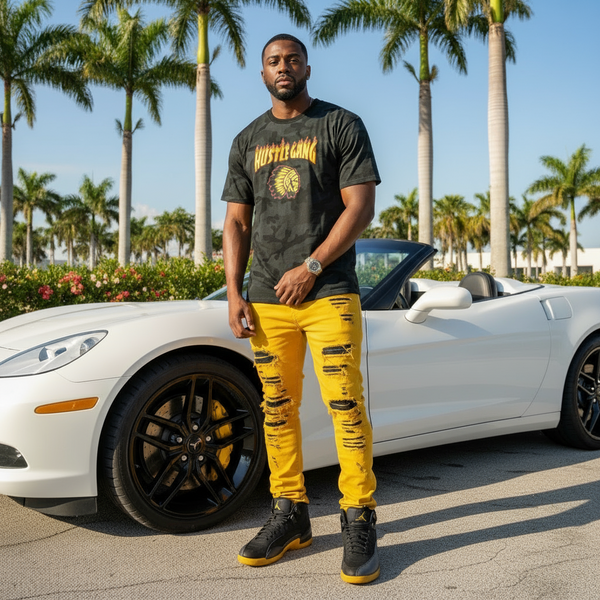 *HUSTLE GANG* (BLACK-CAMO) ~THRASHER FLAMES~ SHORT SLEEVE T-SHIRT