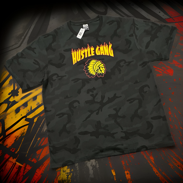 *HUSTLE GANG* (BLACK-CAMO) ~THRASHER FLAMES~ SHORT SLEEVE T-SHIRT