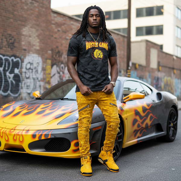 *HUSTLE GANG* (BLACK-CAMO) ~THRASHER FLAMES~ SHORT SLEEVE T-SHIRT