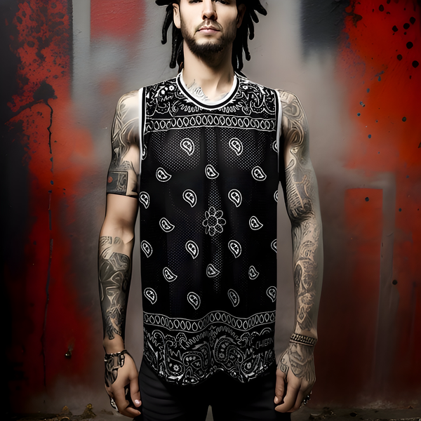 ^BLACK BANDANA^ (BLACK PAISLEY) MESH BASKETBALL JERSEYS (TALL BODY)