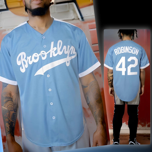 ^BROOKLYN 42 ROBINSON^ Button up Baseball Jerseys (Stitched Logos & Numbers)