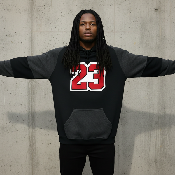 *23* (BLACK-DARK GREY) LUXURY PULLOVER HOODIES (CUT & SEW)(UNISEX)