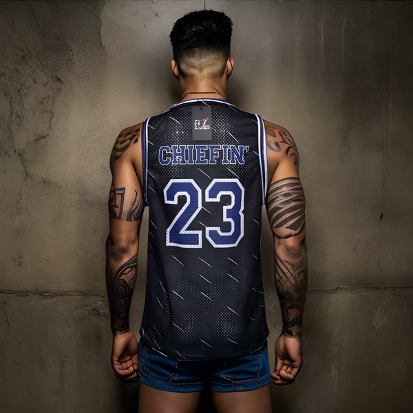 ^CHIEFIN’ 23^ BASKETBALL JERSEYS (BLACK-BLUE)