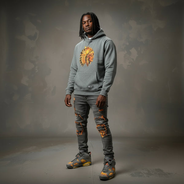 *HUSTLE GANG* (GREY) ~FLAMES~ PULLOVER HOODIES