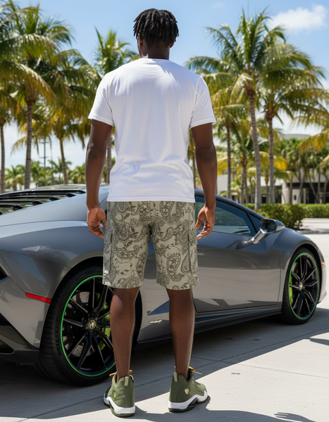 *JMC* ~BELTED~ •GREY CARGO SHORTS WITH GREEN PAISLEY DESIGN•