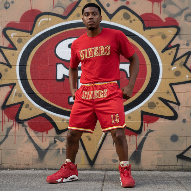 *SAN FRANSISCO 49ERS* ~Shorts~ •Embroidered Patches•Back Zip Pocket•2 Front Pockets•