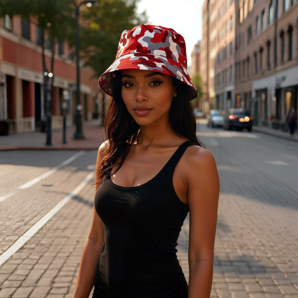 *Bucket Hat* ~Unisex Reversible~ •Med/Large Fit• (Red/Grey/White Camo)