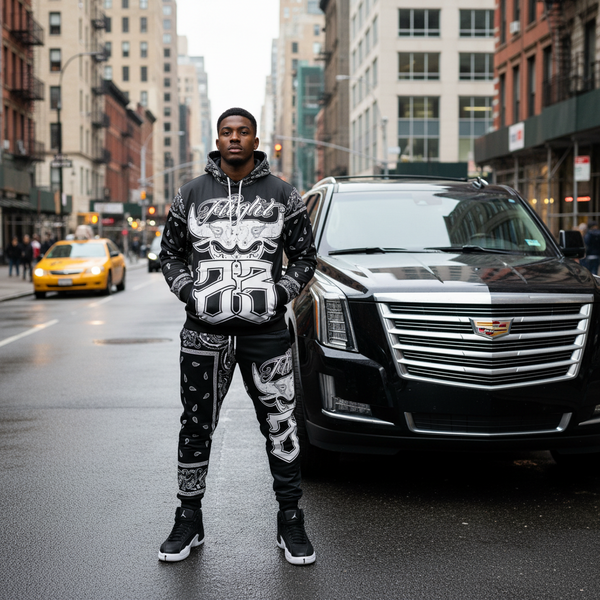 *FLIGHT 23* BLACK BANDANA / PAISLEY JOGGER SWEATSUITS (FLEECE LINED) (BACK EMBROIDERED)