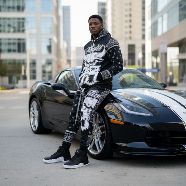*FLIGHT 23* BLACK BANDANA / PAISLEY JOGGER SWEATSUITS (FLEECE LINED) (BACK EMBROIDERED)