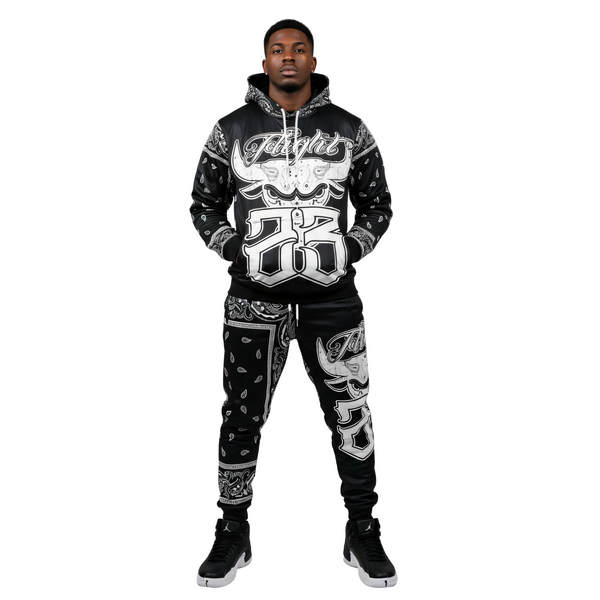 *FLIGHT 23* BLACK BANDANA / PAISLEY JOGGER SWEATSUITS (FLEECE LINED) (BACK EMBROIDERED)