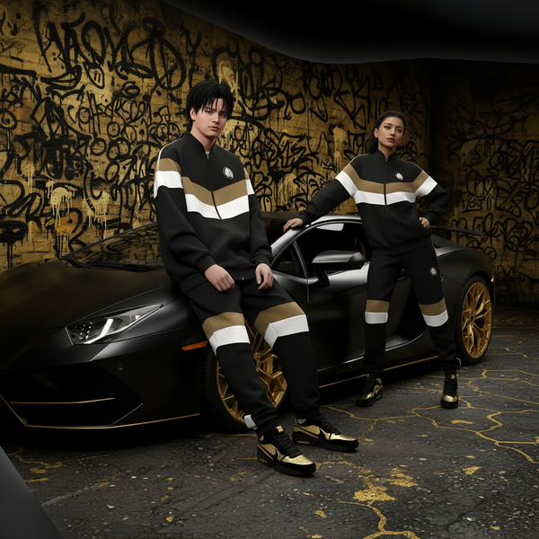 •HUSTLE GANG• (BLACK-MULTI) KNIT ZIP UP TRACKSUITS