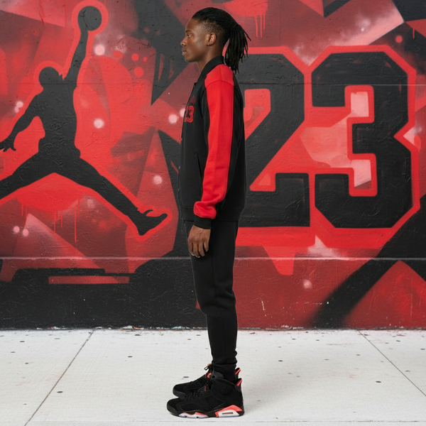 •23• (BLACK/RED) ZIP UP TRACKSUITS (CUT & SEW) (EMBROIDERED LOGO)