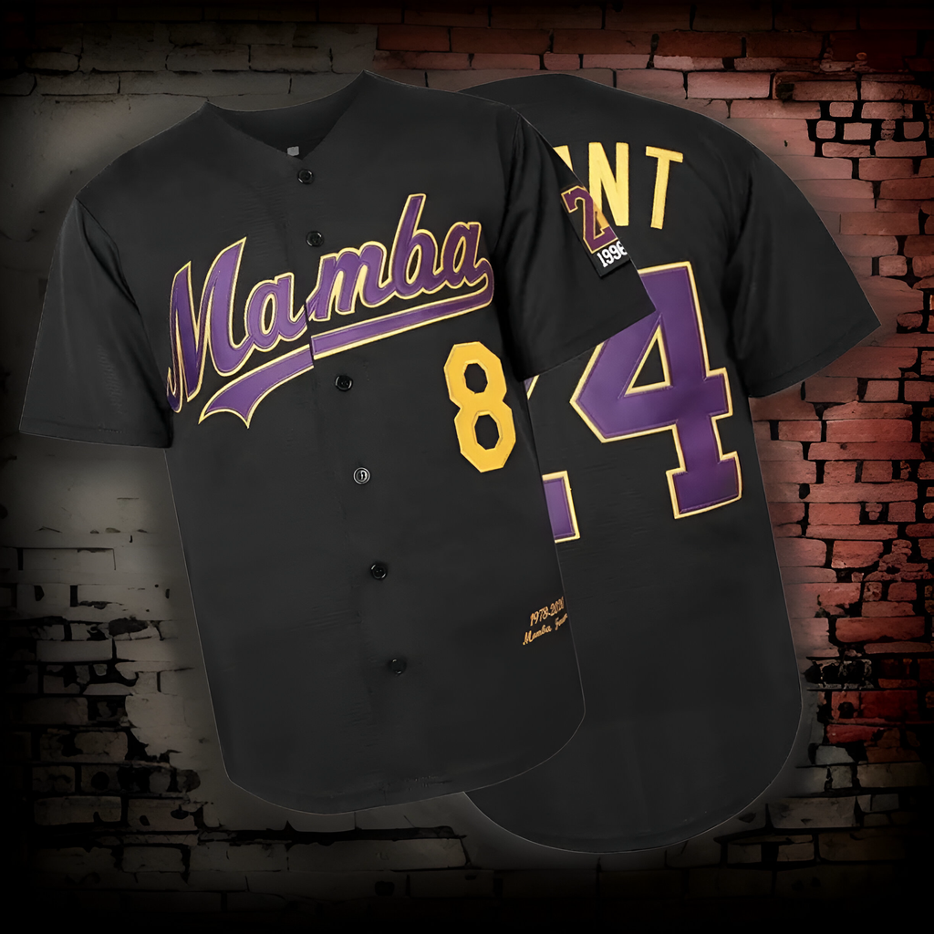 ^MAMBA 8/24 BRYANT^ Button Up Baseball Jersey (Stitched Logos & Numbers)