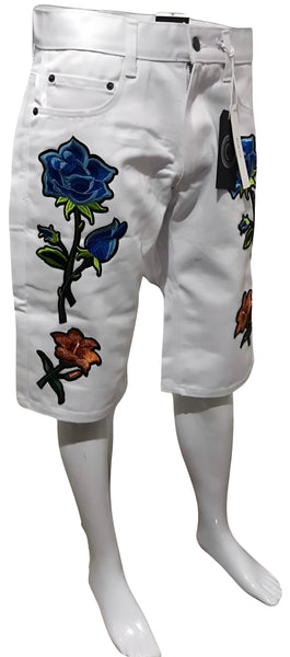 ^MAXI MILIAN^ (WHITE) ~FLORAL~ DENIM SHORTS (SLIM FIT) (EMBROIDERED)