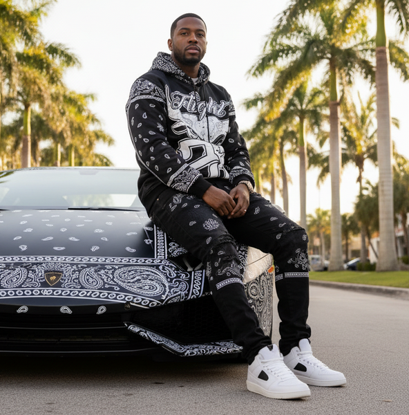 *FLIGHT 23* BLACK BANDANA / PAISLEY PULLOVER HOODIES (FLEECE LINED & BACK EMBROIDERY)