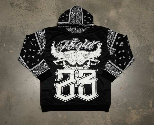 *FLIGHT 23* BLACK BANDANA / PAISLEY PULLOVER HOODIES (FLEECE LINED & BACK EMBROIDERY)