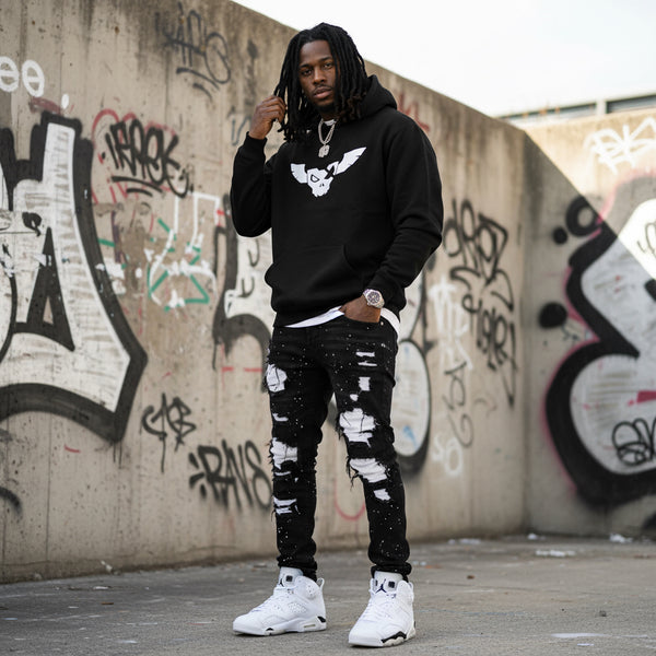 *DESIGN BY HUMANS* (BLACK) PULLOVER HOODIE (DISTRESSED LOGO STYLE)