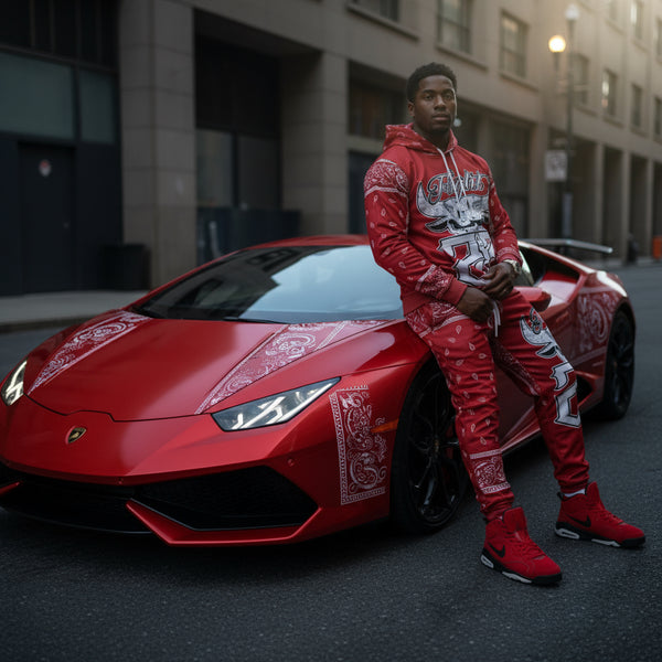 *FLIGHT 23* RED BANDANA / PAISLEY JOGGER SWEATSUITS (FLEECE LINED) (BACK EMBROIDERED)
