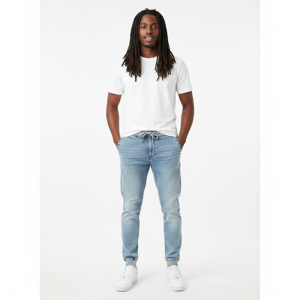 *DNMX* JEANSWEAR COMPANY STRETCH DENIM JOGGER PANTS (LIGHT GREY CUFF / WAISTBAND)