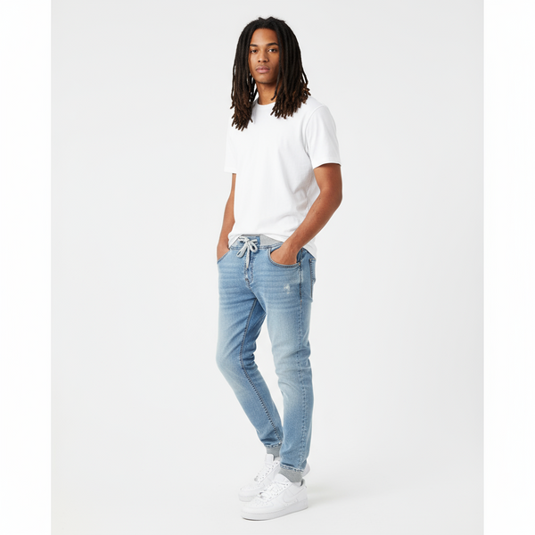 *DNMX* JEANSWEAR COMPANY STRETCH DENIM JOGGER PANTS (LIGHT GREY CUFF / WAISTBAND)