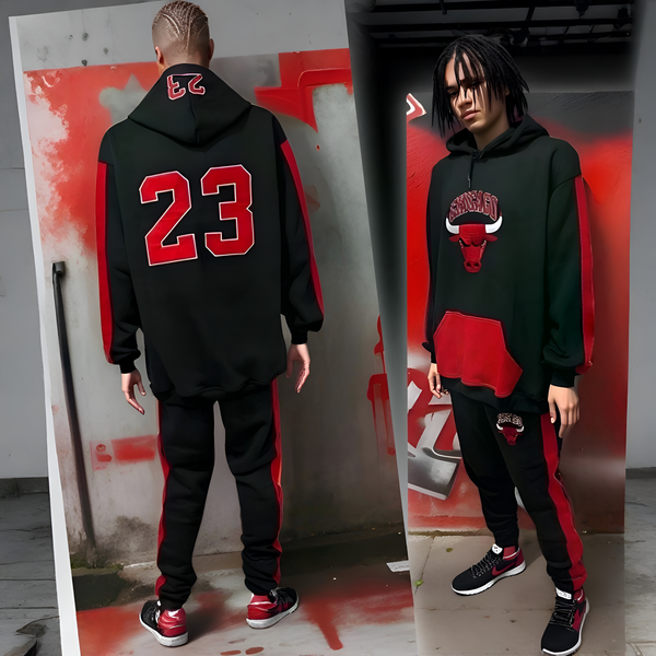 ^CHICAGO 23^ (BLACK-RED) CUT & SEW HOODED SWEATSUITS (PATCH WORK & EMBROIDERY)