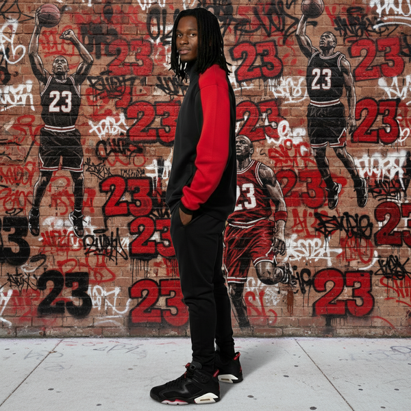 •23• (BLACK/RED) ZIP UP TRACKSUITS (CUT & SEW) (EMBROIDERED LOGO)